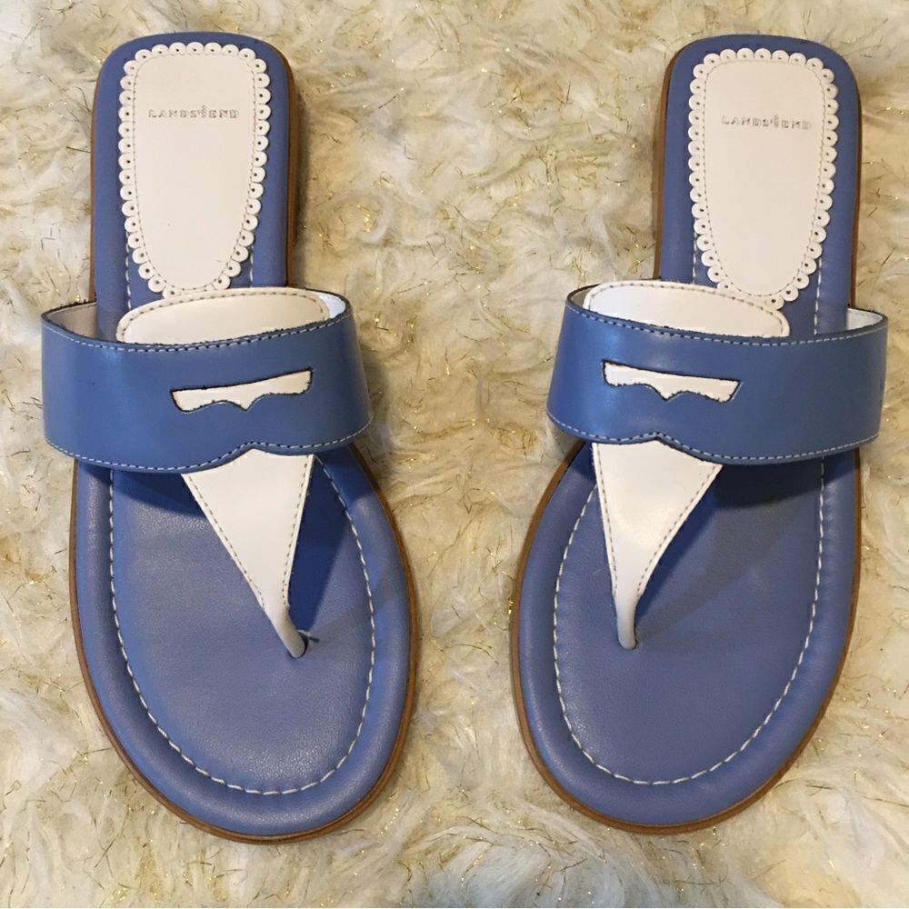 Lands End Blue & White Dressy Flip Flop Sandals